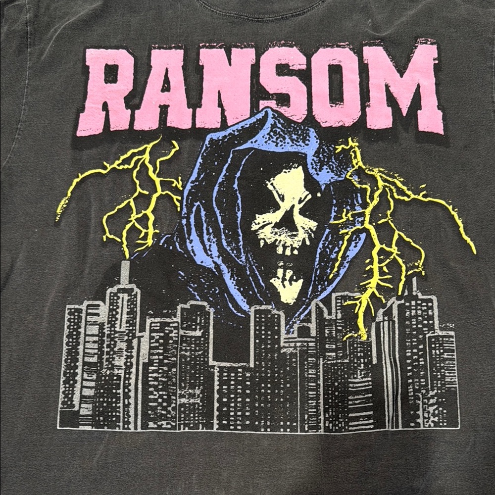 Ransom Faded Grunge Black Graphic Tee with Skull and City Design